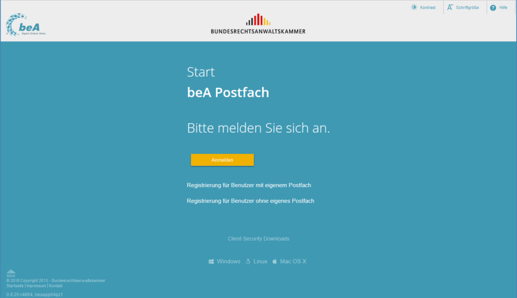 beA Login und Erstregistrierung Startseite 