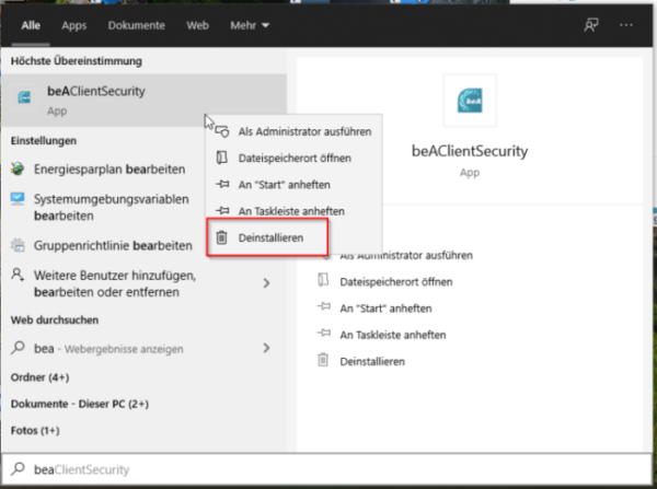 Deinstallation beA Client-Security