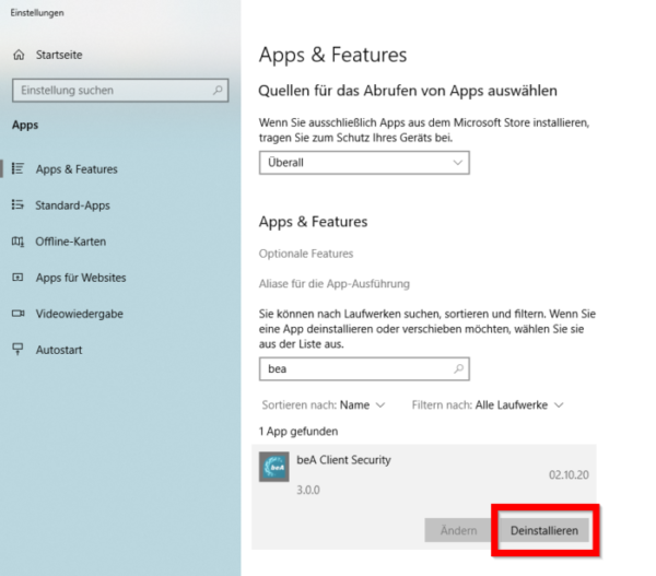 App Client-Security deinstallieren