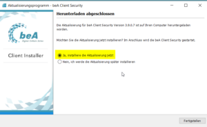 Bild ist ein Screenshot, der den Installationsdialog der beA Client Security Software beschreibt